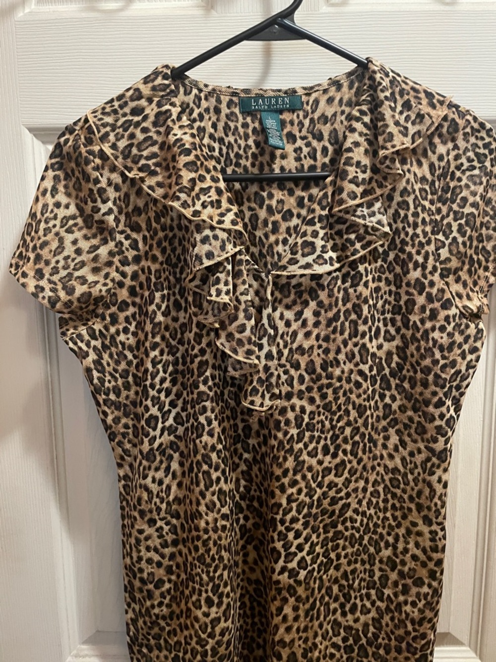 Lauren Ralph Lauren Leopard Ruffle V-Neck Short Sleeve Top - Brown/Tan
